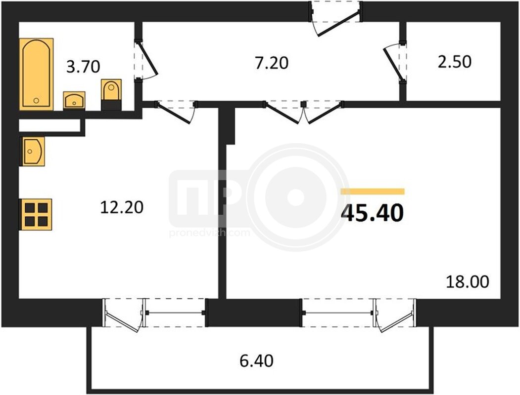 1-комнатная квартира, 45.4кв.м