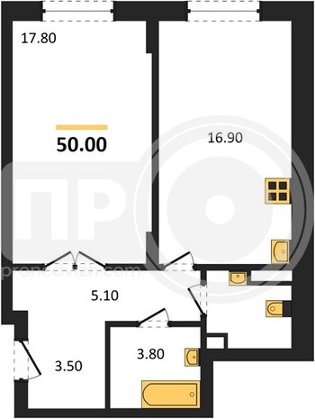 Миниатюра 1-комнатная квартира, 50кв.м