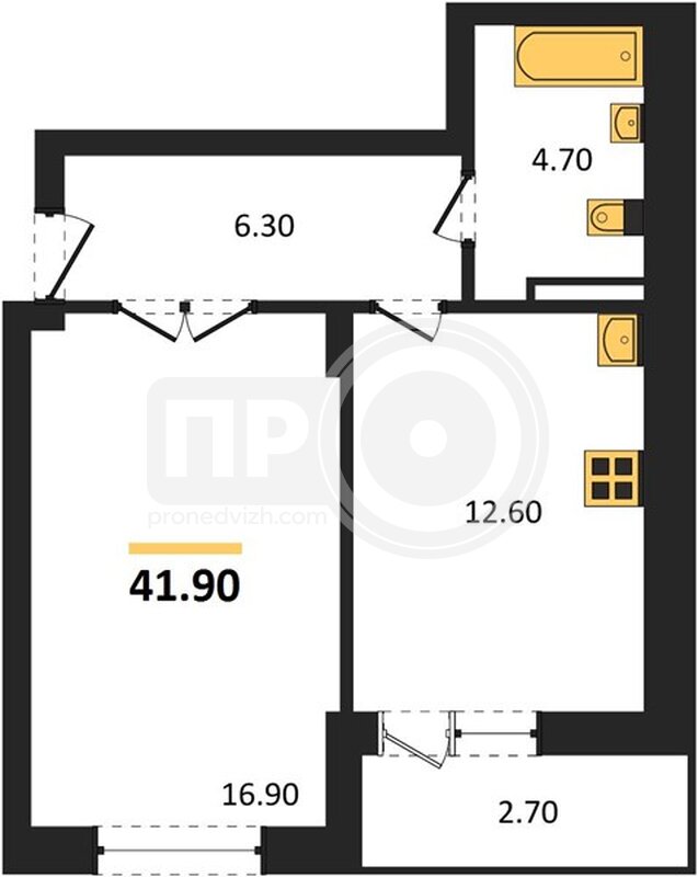 1-комнатная квартира, 41.9кв.м