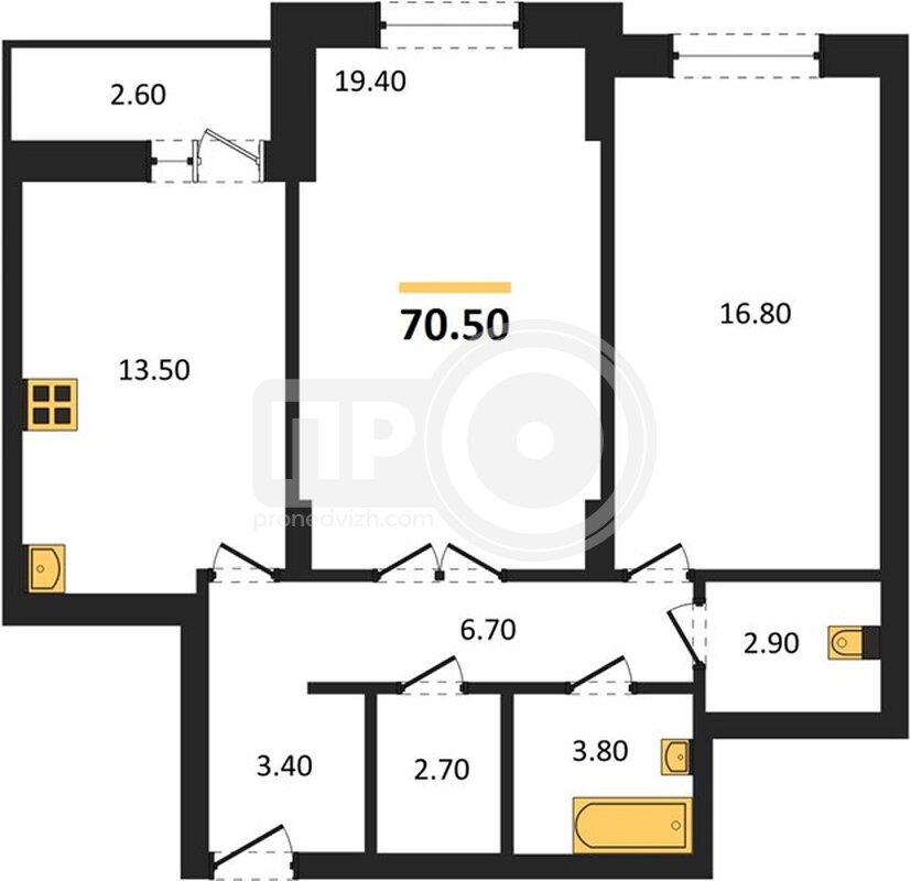 2-комнатная квартира, 70.5кв.м