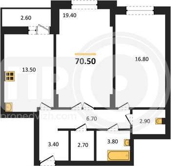 Миниатюра 2-комнатная квартира, 70.5кв.м