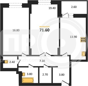 Миниатюра 2-комнатная квартира, 71.6кв.м
