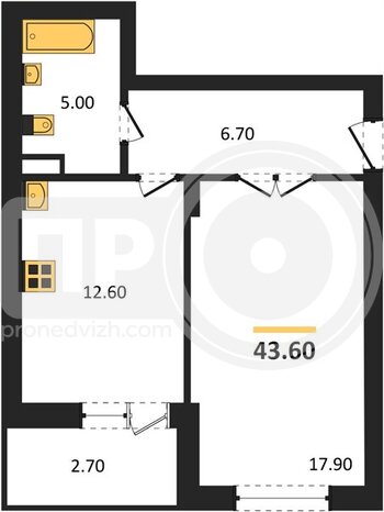 Миниатюра 1-комнатная квартира, 43.6кв.м