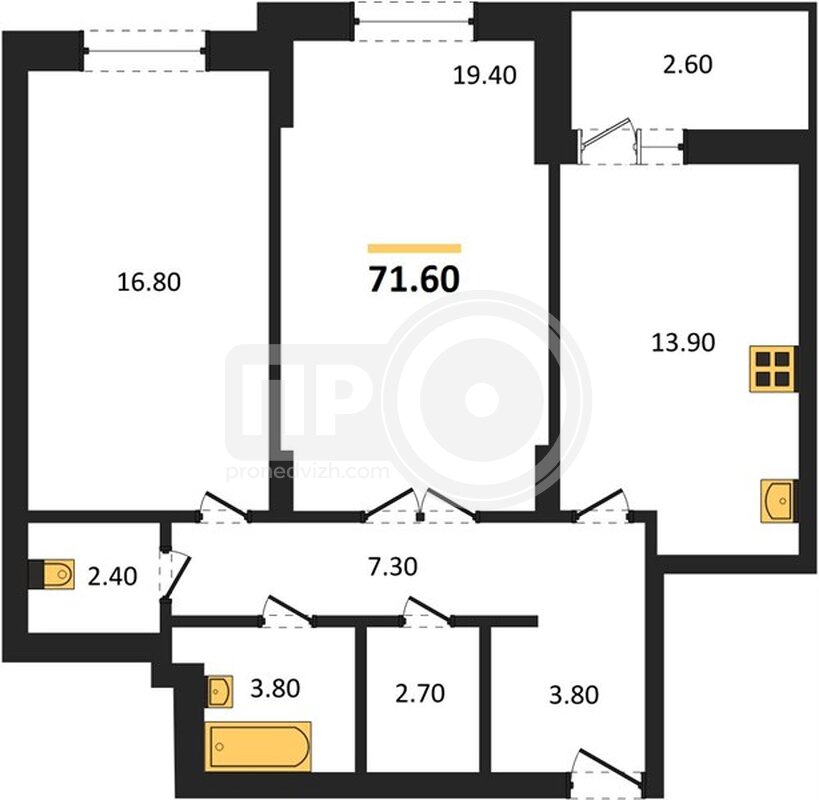 2-комнатная квартира, 71.6кв.м