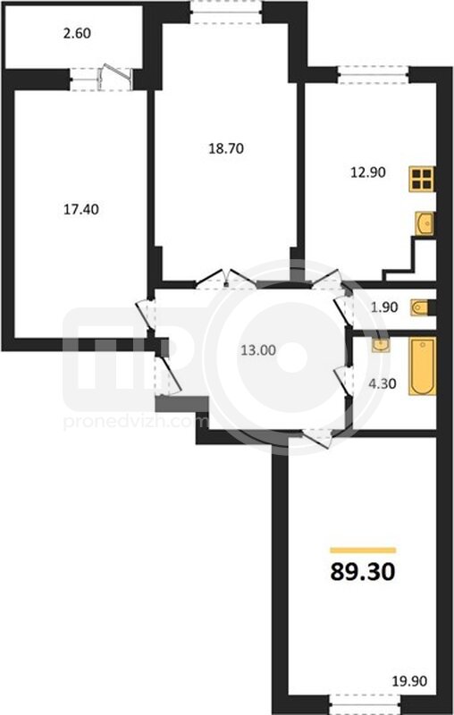 3-комнатная квартира, 89.3кв.м
