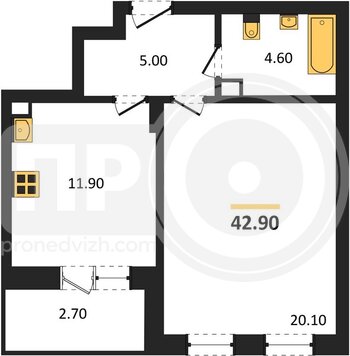 Миниатюра 1-комнатная квартира, 42.9кв.м