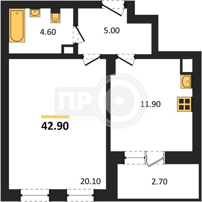 1-комнатная квартира, 42.9кв.м