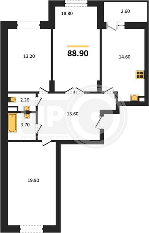 3-комнатная квартира, 88.9кв.м