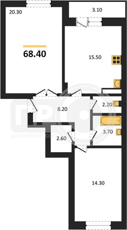 2-комнатная квартира, 68.4кв.м
