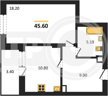 Миниатюра 1-комнатная квартира, 45.6кв.м