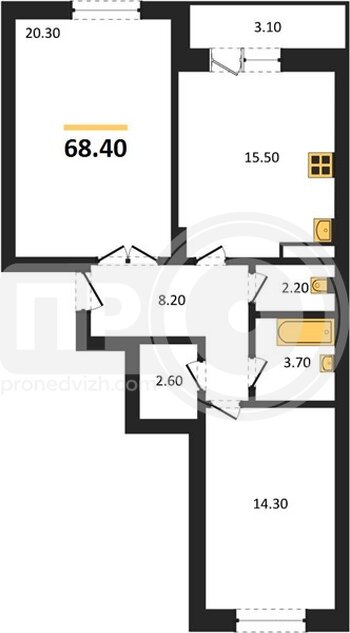 Миниатюра 2-комнатная квартира, 68.4кв.м