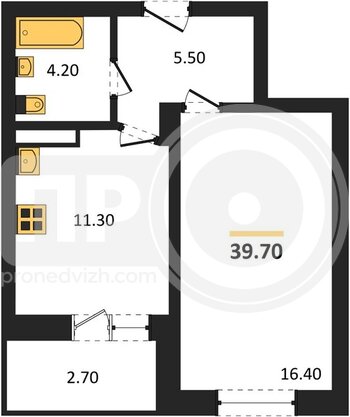 Миниатюра 1-комнатная квартира, 39.7кв.м