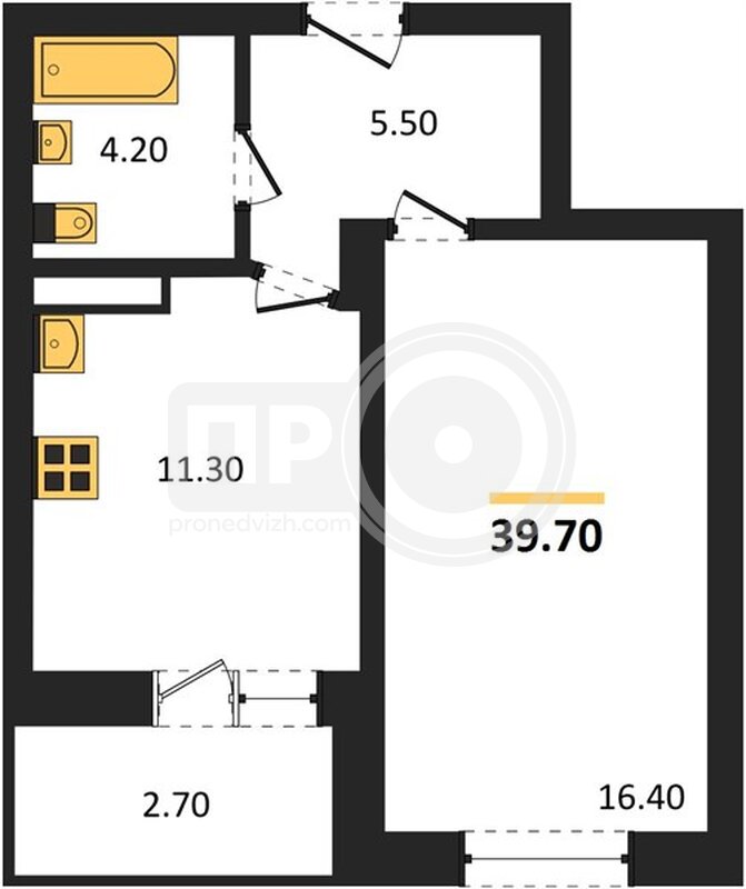 1-комнатная квартира, 39.7кв.м