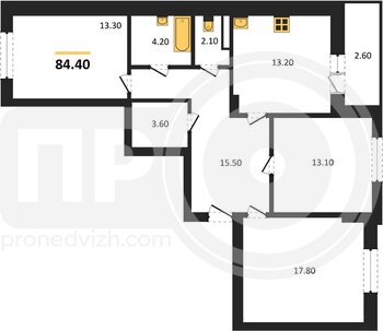 Миниатюра 3-комнатная квартира, 84.4кв.м