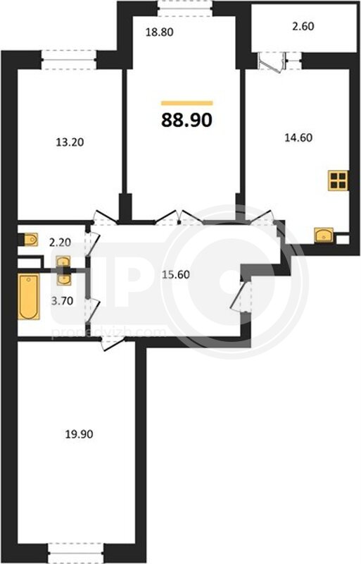 3-комнатная квартира, 88.9кв.м