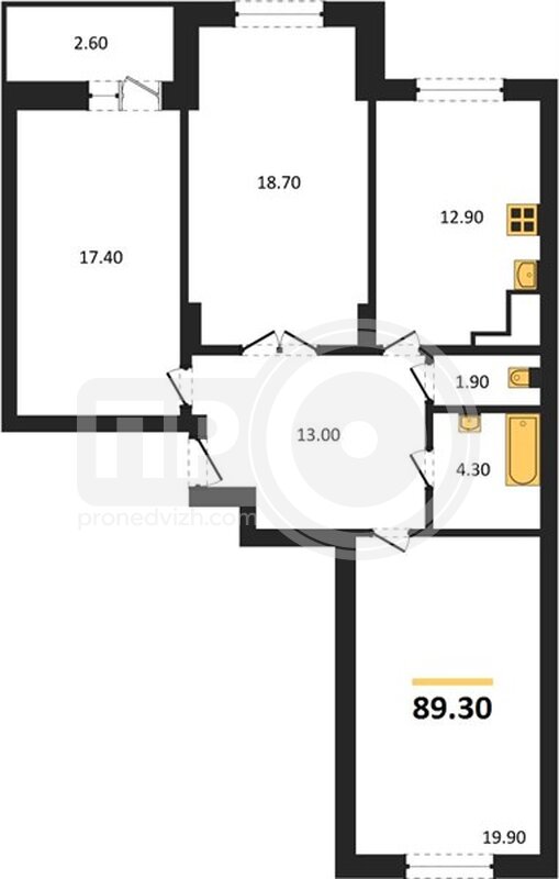3-комнатная квартира, 89.3кв.м