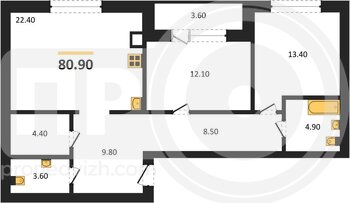 Миниатюра 2-комнатная квартира, 80.9кв.м