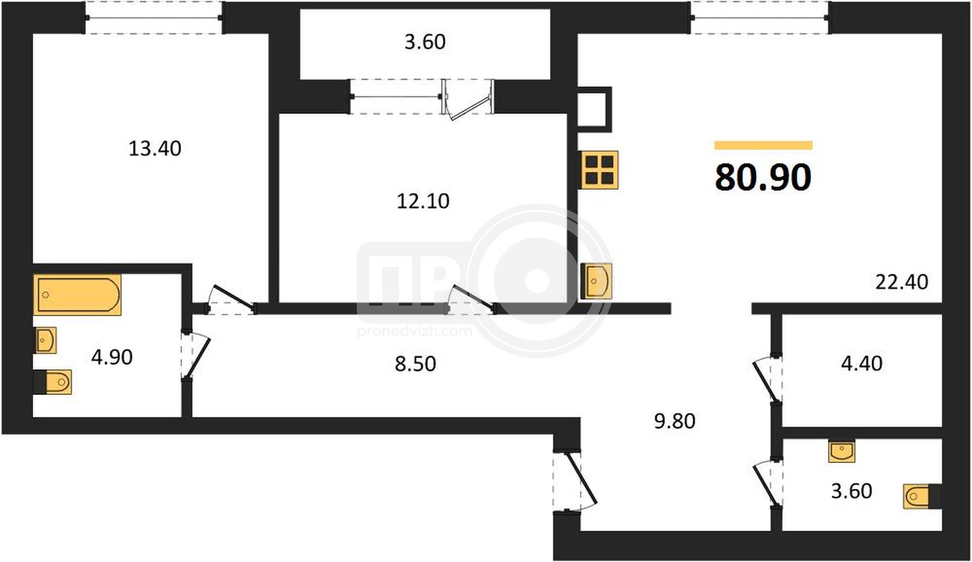2-комнатная квартира, 80.9кв.м
