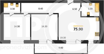 Миниатюра 2-комнатная квартира, 75.9кв.м