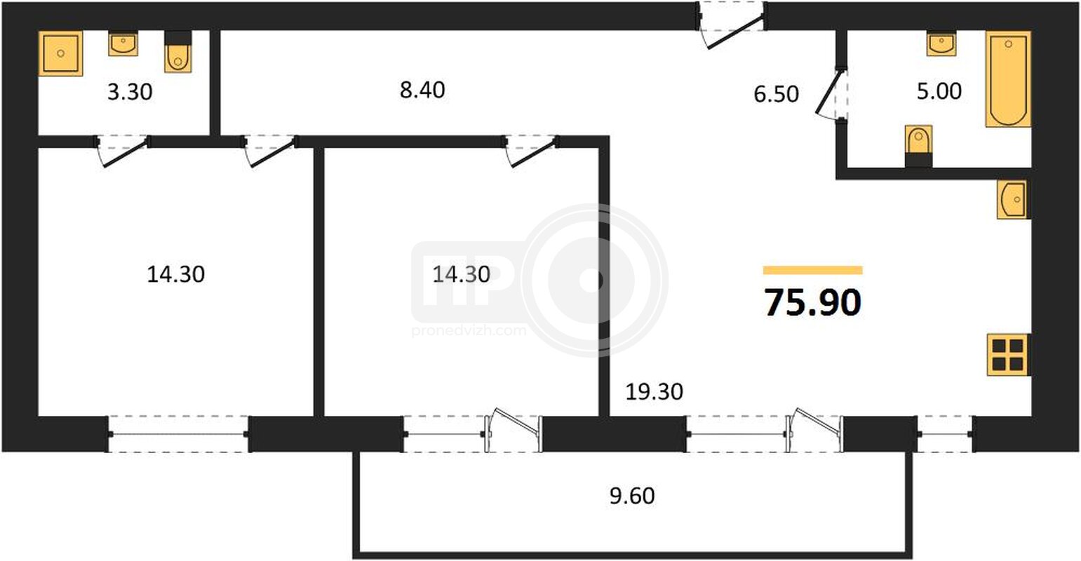 2-комнатная квартира, 75.9кв.м