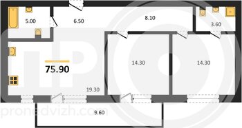 Миниатюра 2-комнатная квартира, 75.9кв.м
