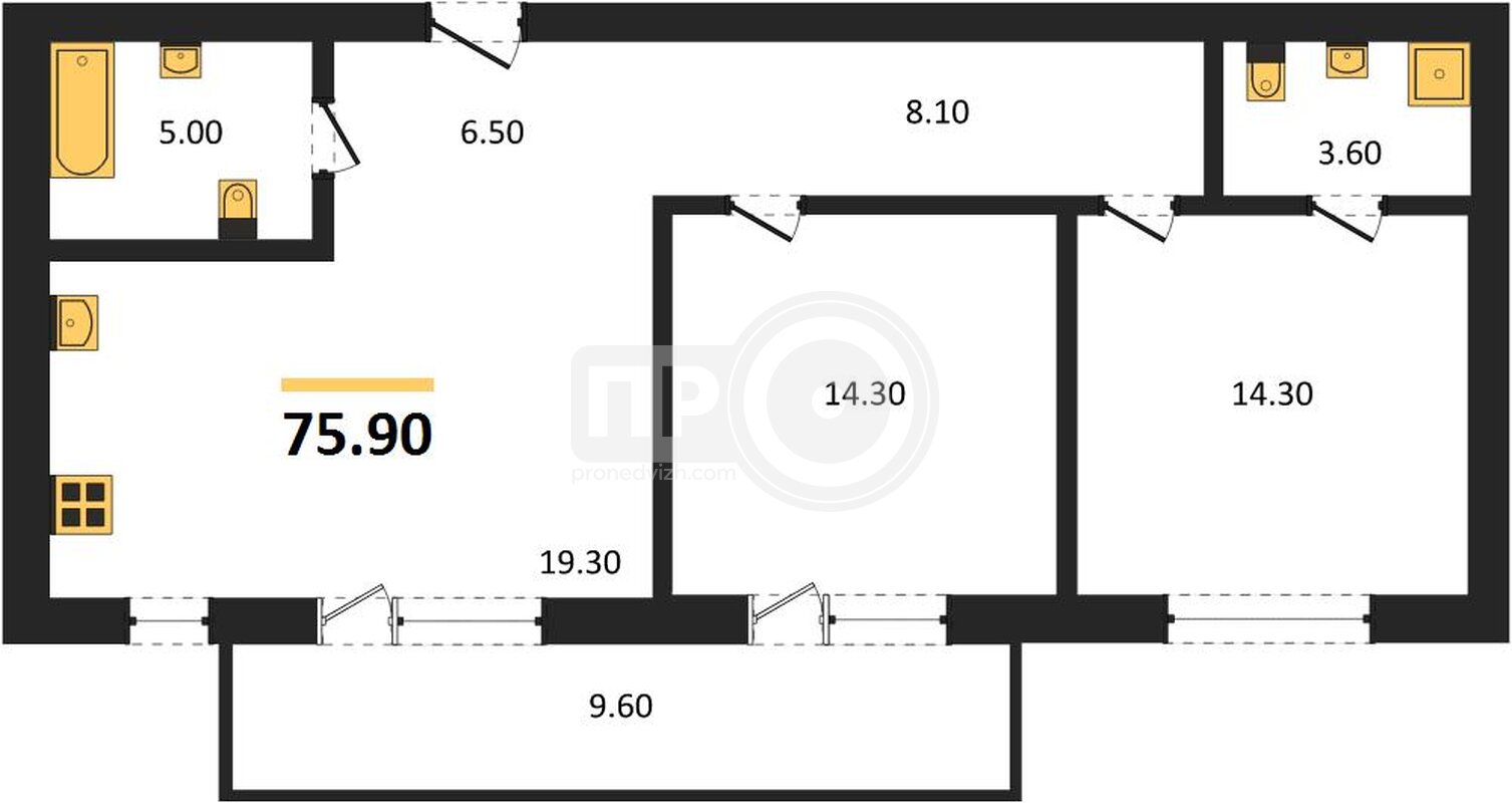 2-комнатная квартира, 75.9кв.м
