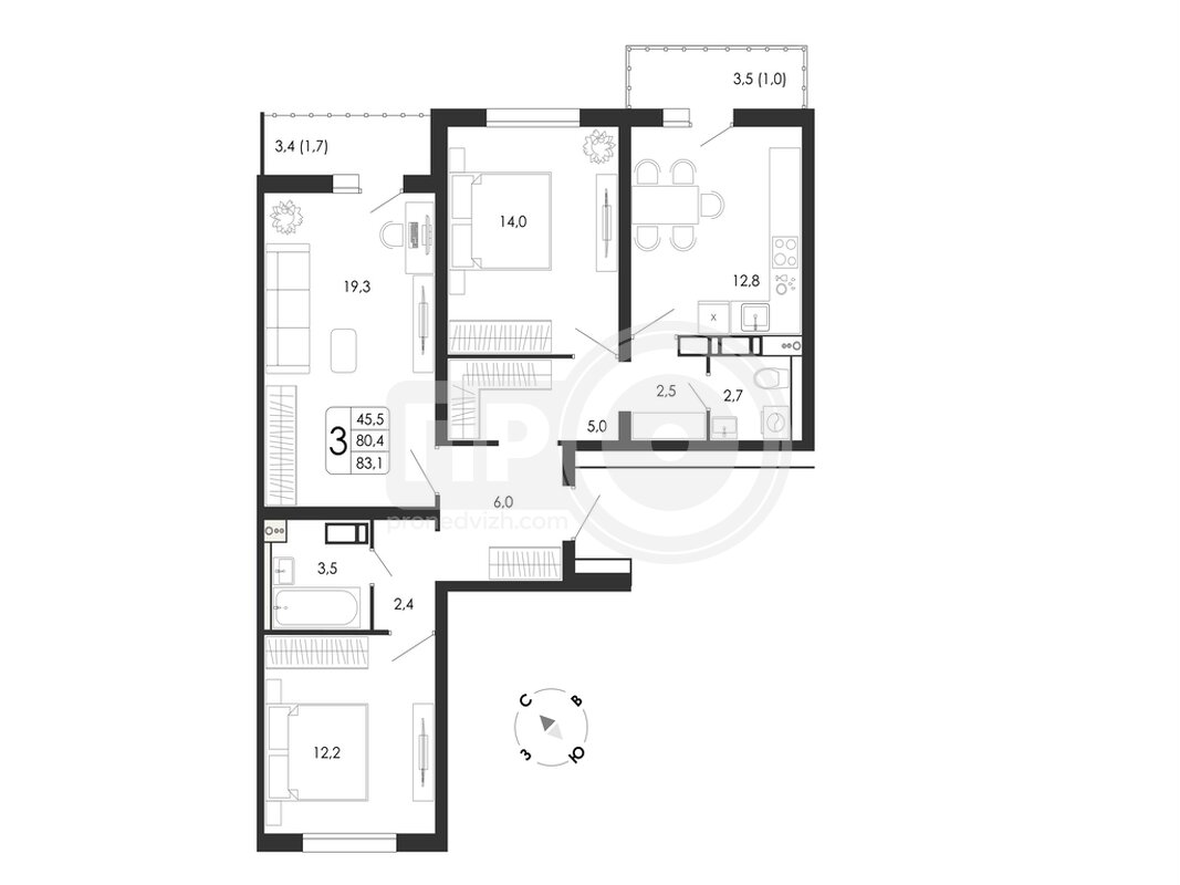 3-комнатная квартира, 83.1кв.м