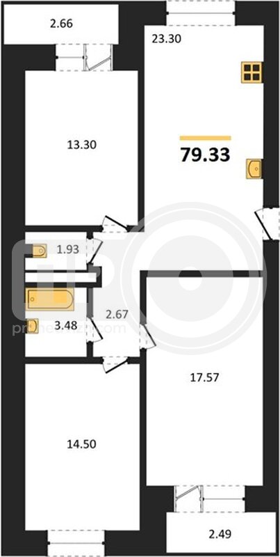 3-комнатная квартира, 79.33кв.м