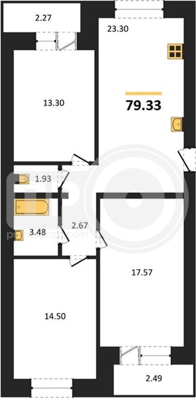 3-комнатная квартира, 79.33кв.м