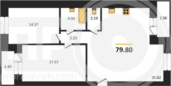 Миниатюра 2-комнатная квартира, 79.8кв.м