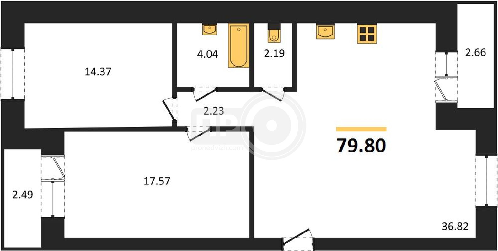 2-комнатная квартира, 79.8кв.м