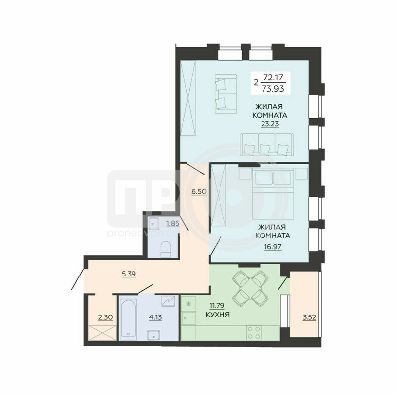 2-комнатная квартира, 73.93кв.м