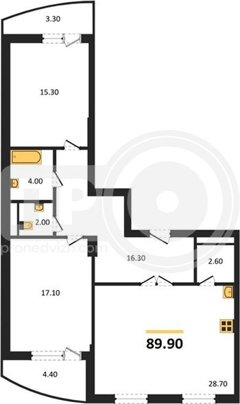 Миниатюра 2-комнатная квартира, 89.9кв.м