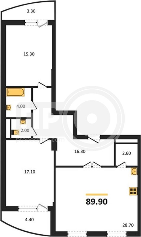 2-комнатная квартира, 89.9кв.м