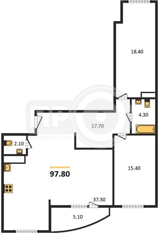 2-комнатная квартира, 97.8кв.м