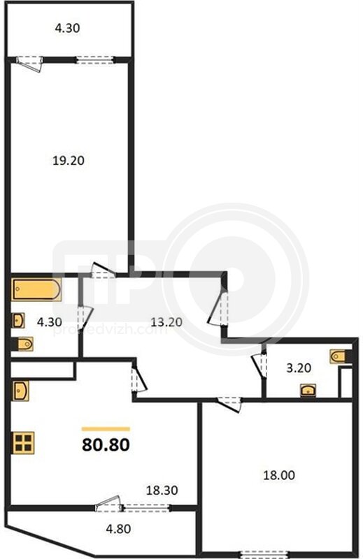2-комнатная квартира, 80.8кв.м