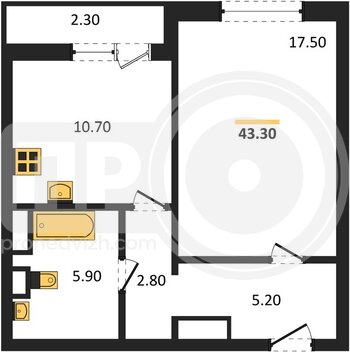 Миниатюра 1-комнатная квартира, 43.3кв.м