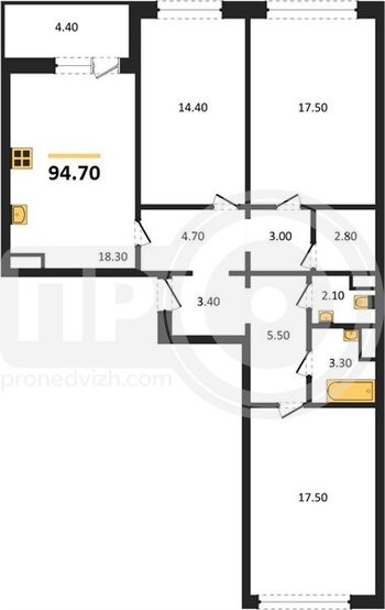 Миниатюра 3-комнатная квартира, 94.7кв.м