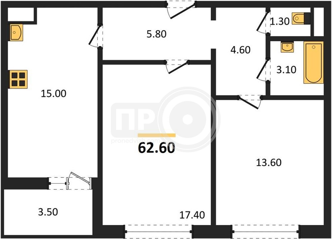 2-комнатная квартира, 62.6кв.м