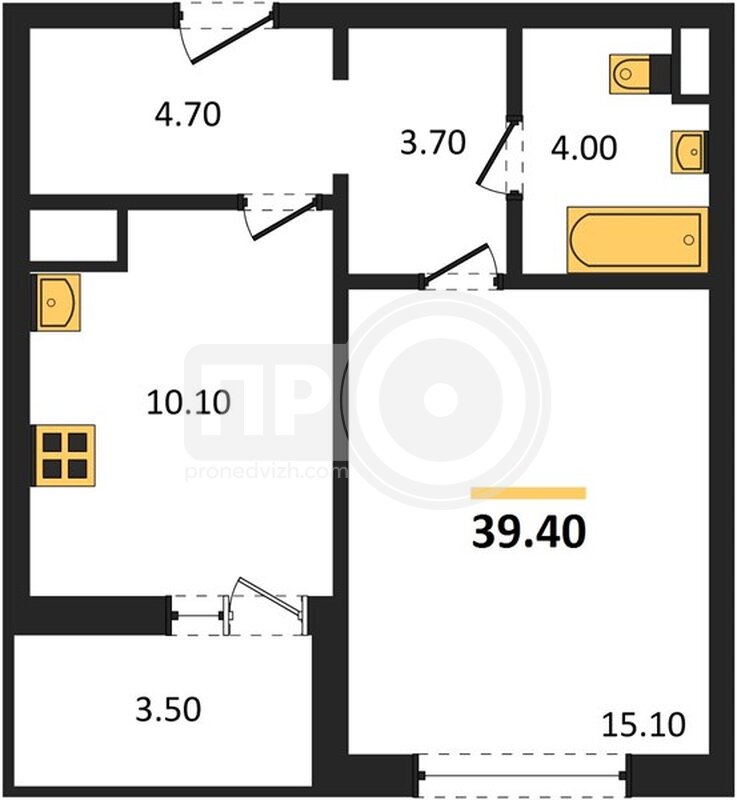 1-комнатная квартира, 39.4кв.м