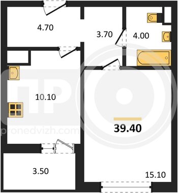 Миниатюра 1-комнатная квартира, 39.4кв.м