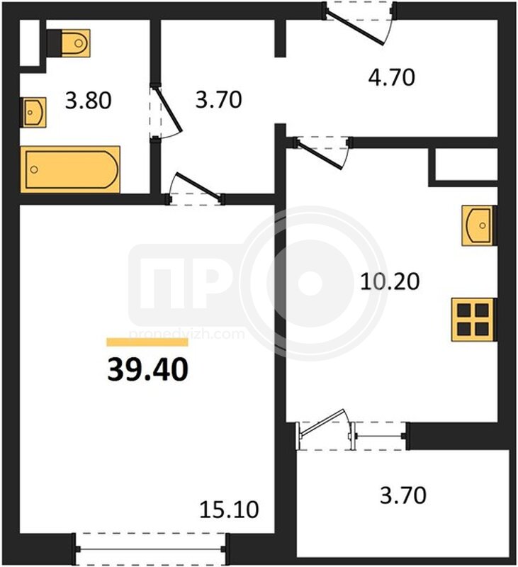 1-комнатная квартира, 39.4кв.м