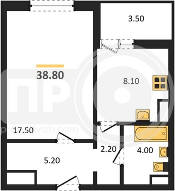 Миниатюра 1-комнатная квартира, 38.8кв.м