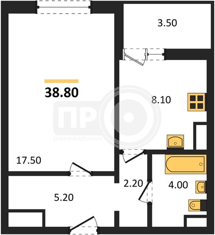 1-комнатная квартира, 38.8кв.м