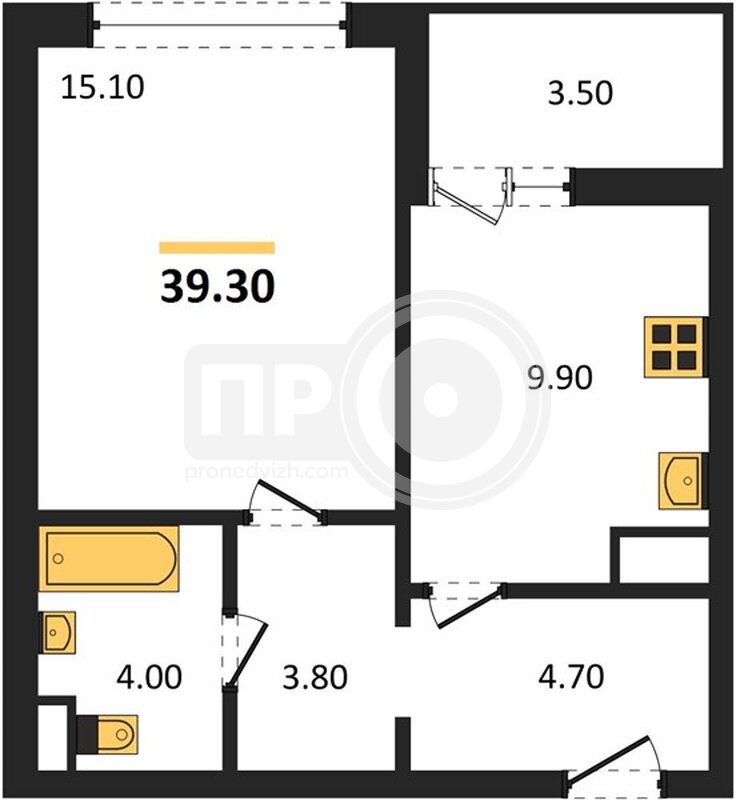 1-комнатная квартира, 39.3кв.м