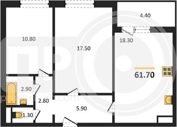 Миниатюра 2-комнатная квартира, 61.7кв.м