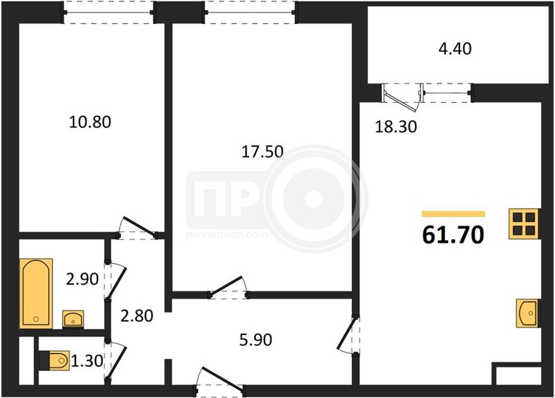 2-комнатная квартира, 61.7кв.м