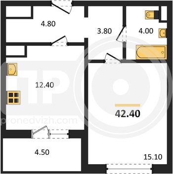 Миниатюра 1-комнатная квартира, 42.4кв.м