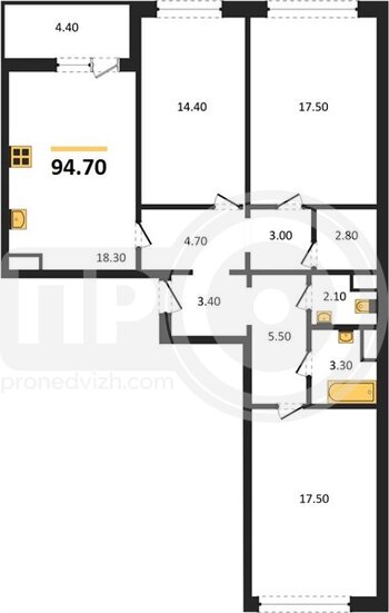 Миниатюра 3-комнатная квартира, 94.7кв.м