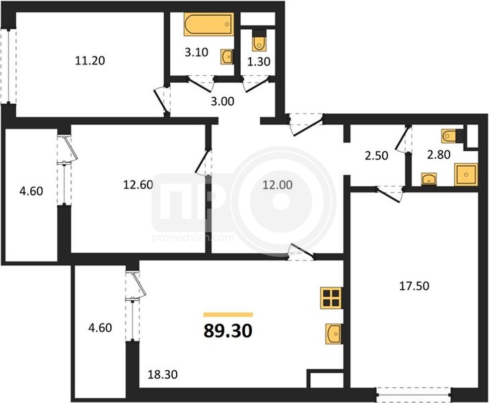 3-комнатная квартира, 89.3кв.м
